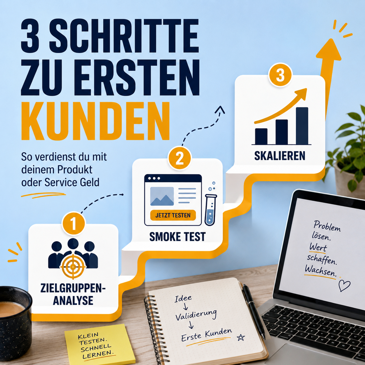 Infografik: 3 Schritte zu ersten Kunden – Zielgruppenanalyse, Smoke Test, Skalieren – mit Notizblock, Kaffee und Laptop auf einem Schreibtisch.