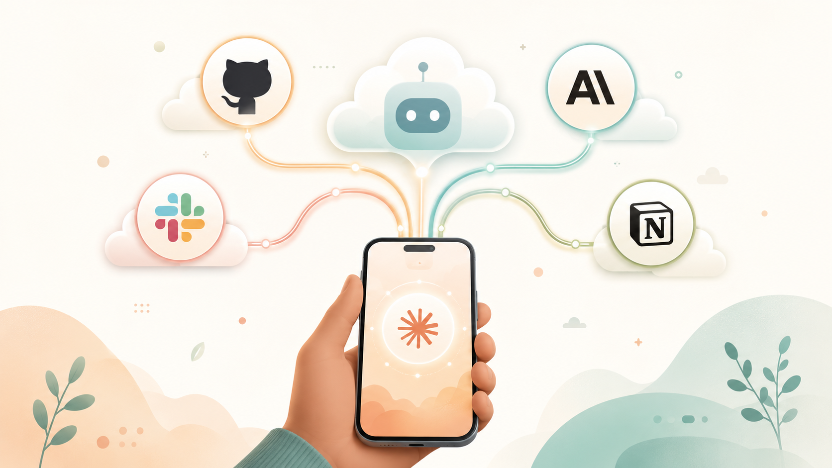Smartphone in Hand mit fünf schwebenden Cloud-Symbolen rundherum: GitHub, Claude/Anthropic, Slack, Notion – jede Cloud steht für einen Trigger-Kanal.